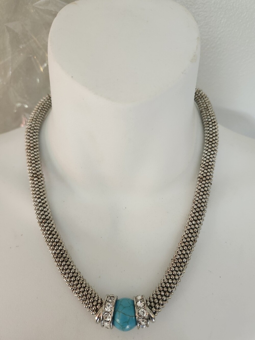 Sterling Silver-Tone Beaded Necklace with Turquoise Accent